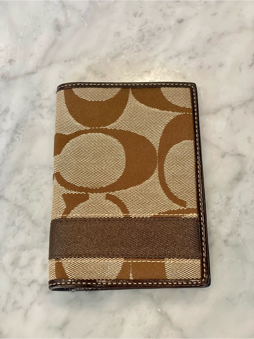 COACH Signature Stripe Passport Case Cover- Khaki/Mahogany